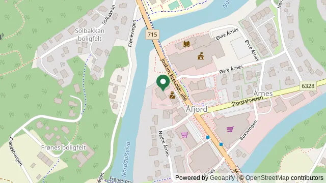 Kart som viser hvor Fosen Dyreklinikk Bessaker ligger: Joakim Brevolds allé, 15, 7170 Åfjord
